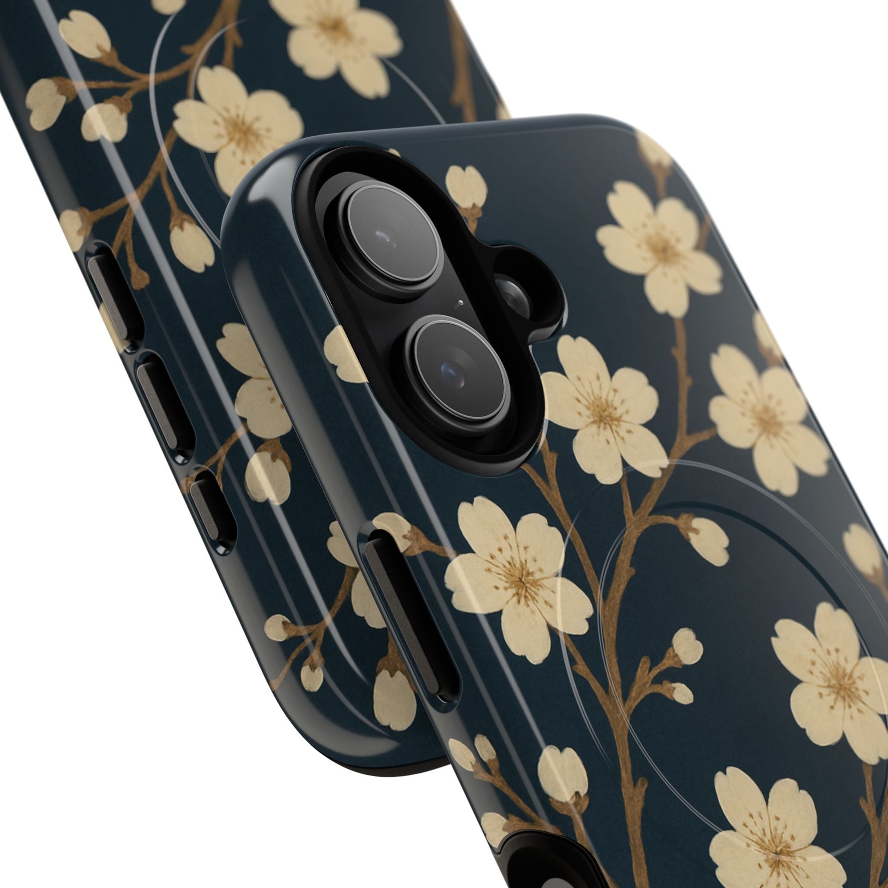 Navy Cherry Blossom Floral iPhone Case - Compatible with MagSafe - Shamo's