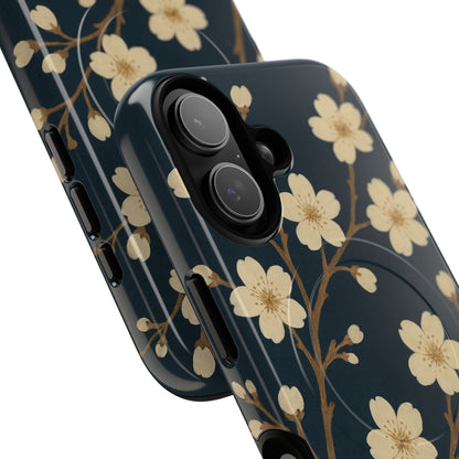 Navy Cherry Blossom Floral iPhone Case - Compatible with MagSafe