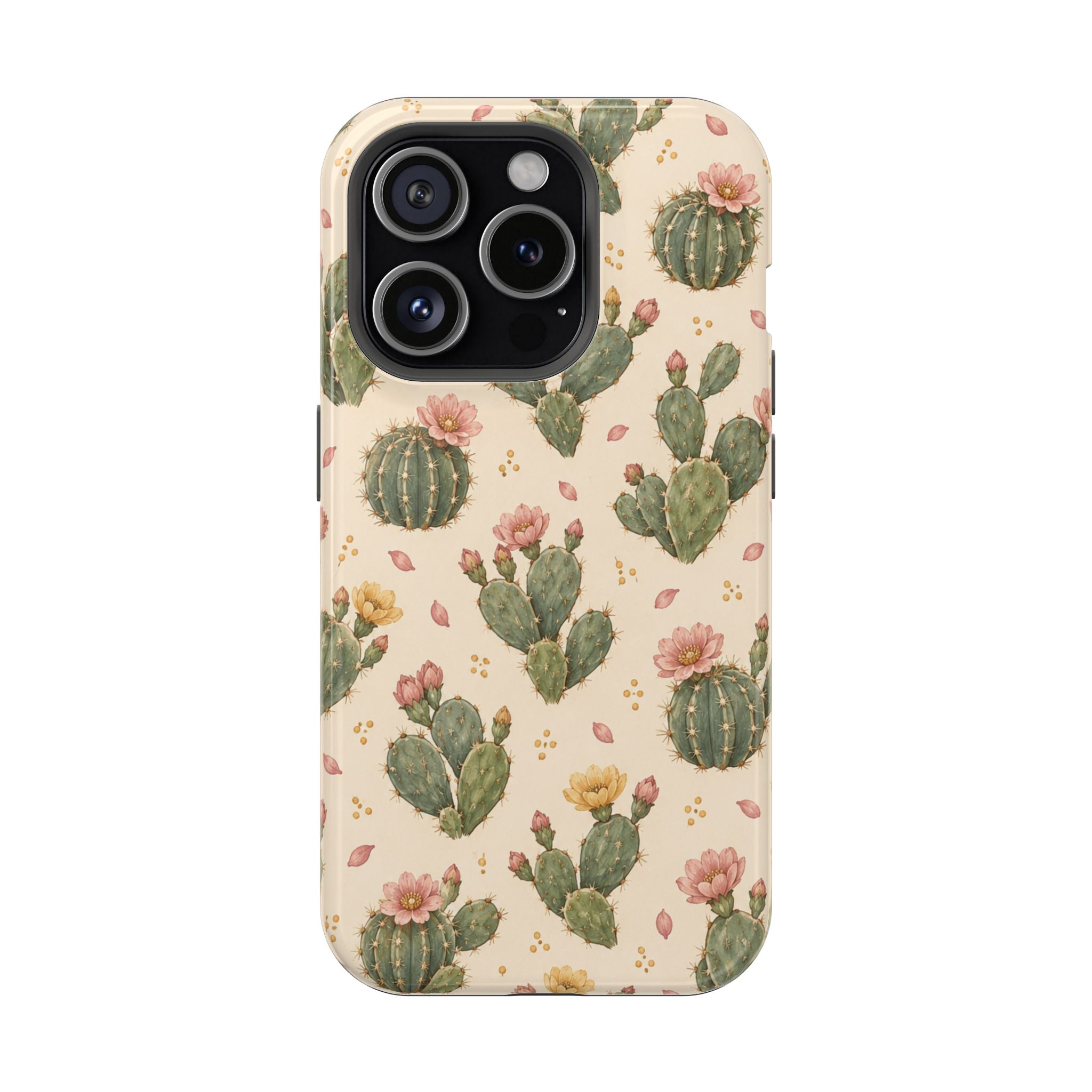 Cactus Bloom – Sage Green Floral Cactus MagSafe Phone Case, glossy iPhone 15 Pro, rear view