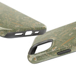 Golden Meadow – Sage Green Wildflower MagSafe Phone Case, glossy diagonal dual-camera model, port openings and edge details