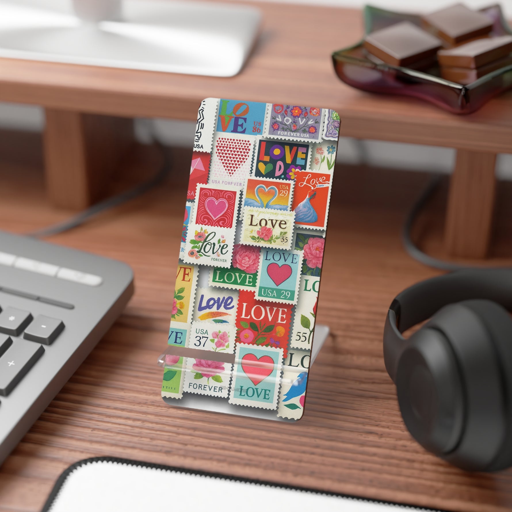 Phone Stand — Colorful 'Love' Stamp Collage Mobile Display Stand