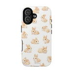 Small phone case with cute beige bunny pattern on white background, designed for compact phone size