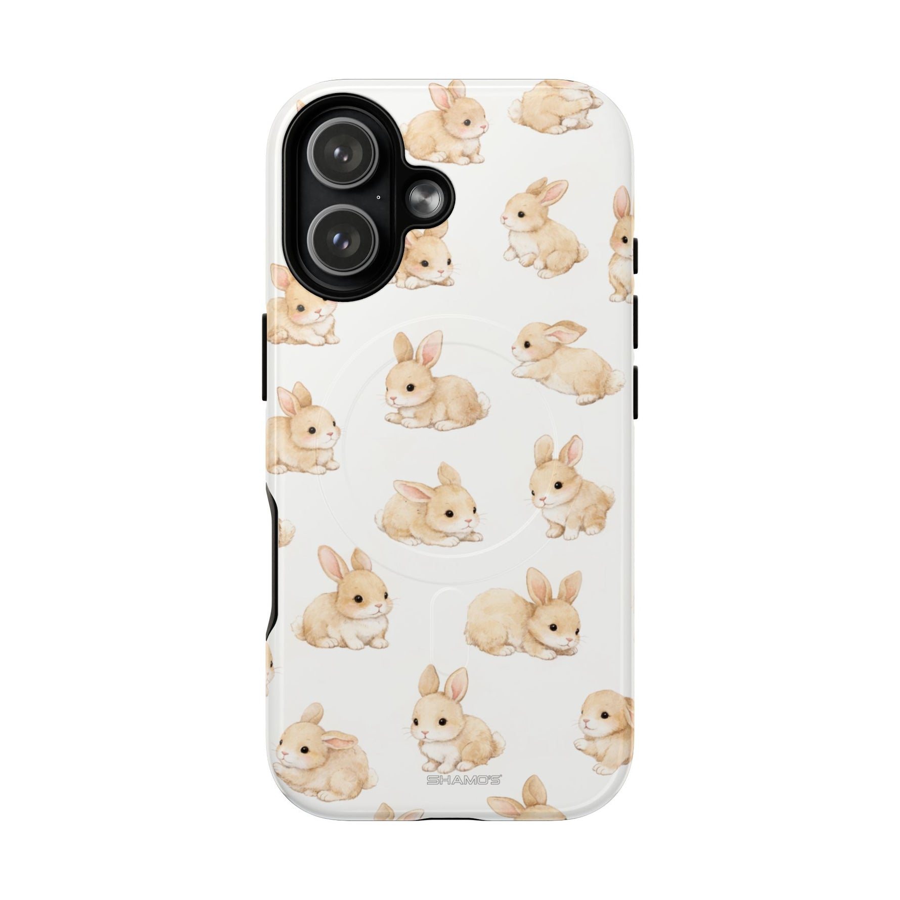 Small phone case with cute beige bunny pattern on white background, designed for compact phone size