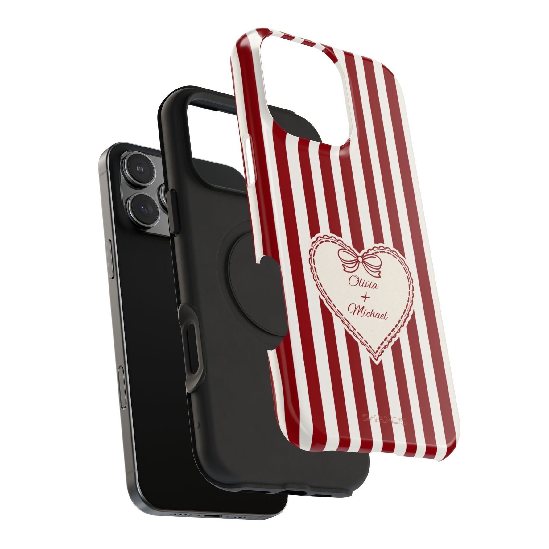 Funda personalizada a rayas — Diseño de corazón rojo y blanco (nombres personalizados)