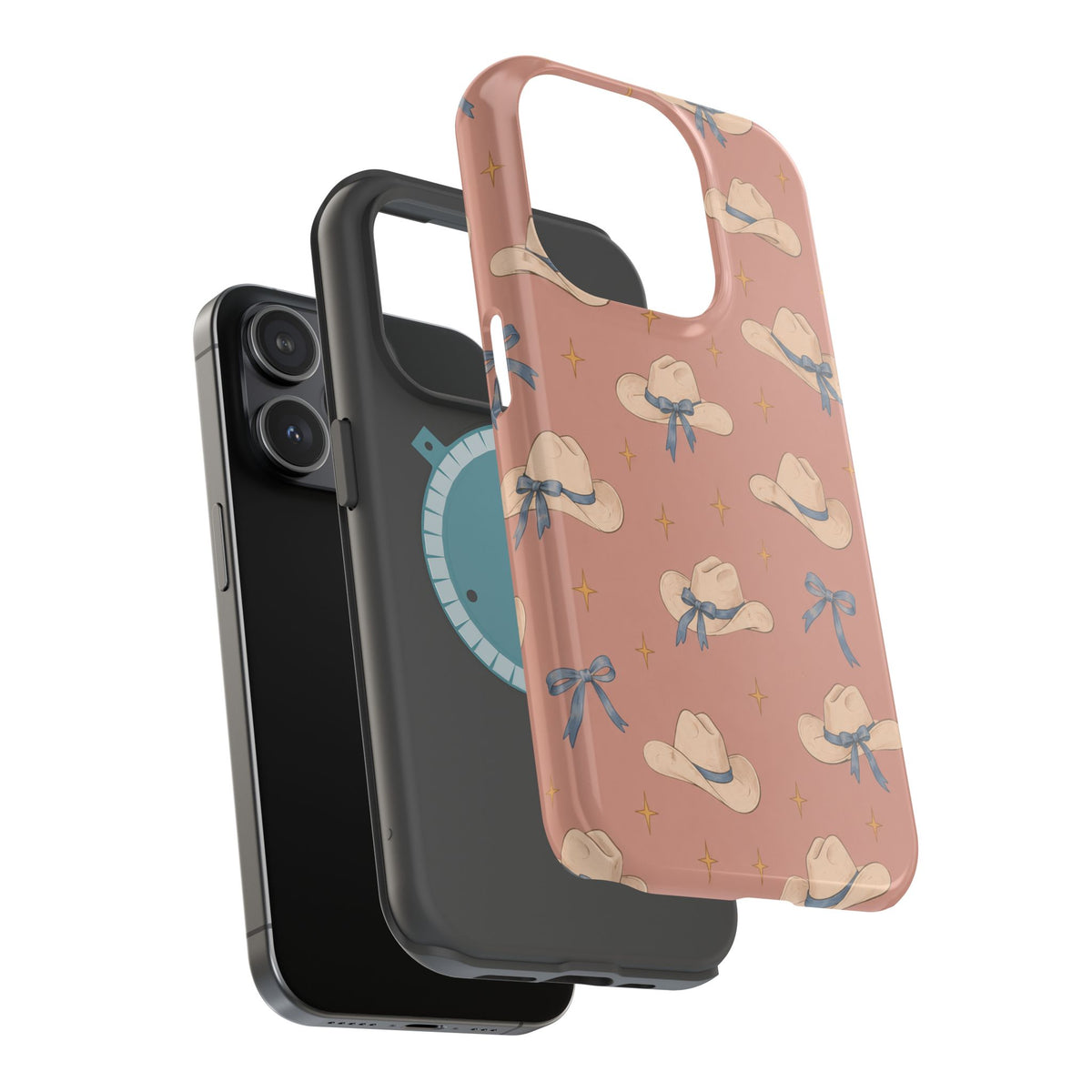 Ribbon Rodeo – Cowgirl Hat and Bow MagSafe Phone Case, Pink, glossy square triple-camera Pro model, exploded shell and liner with magnetic ring