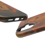 Close-up of two wood grain phone cases showing cutouts and variant sizes for buttons and ports