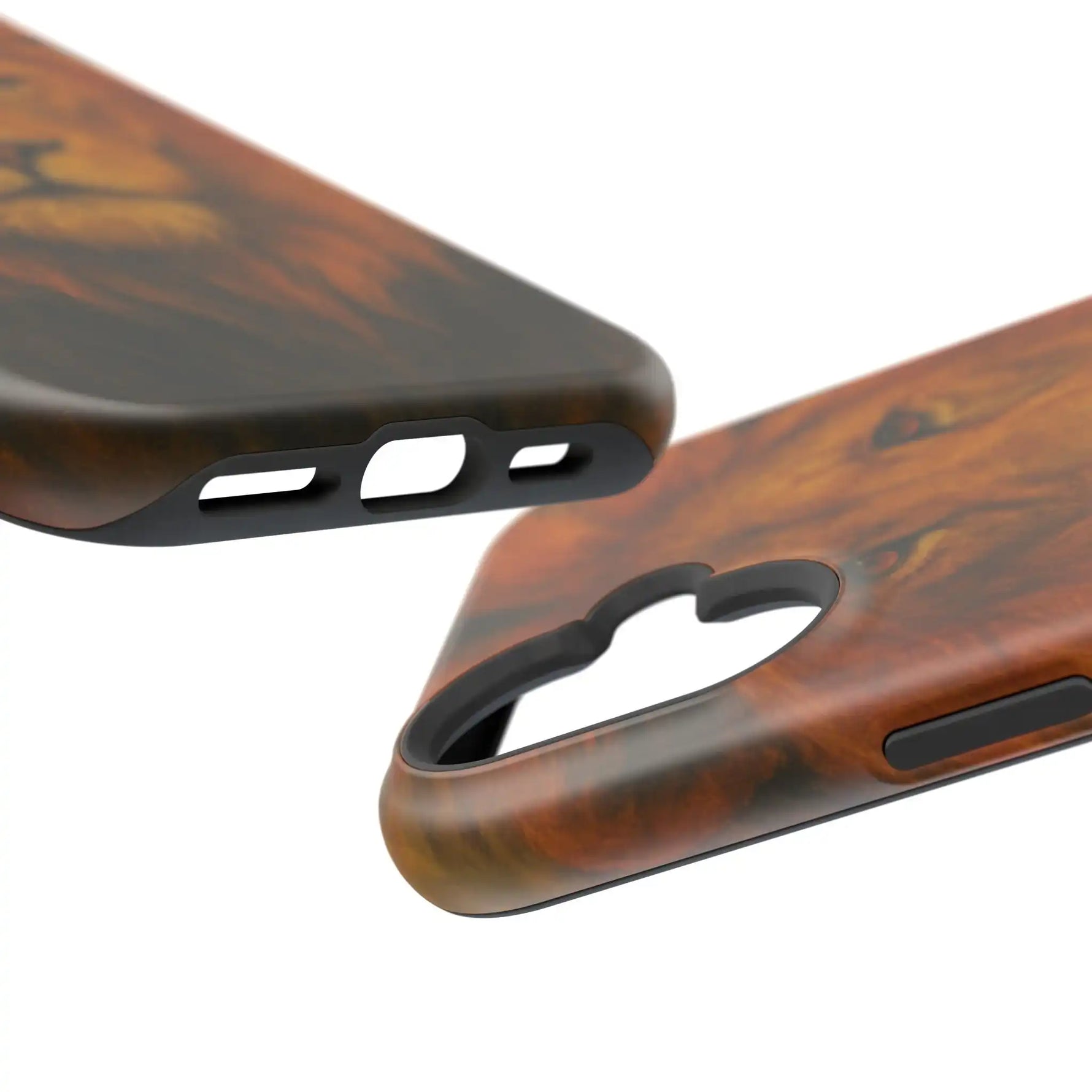 Close-up of two wood grain phone cases showing cutouts and variant sizes for buttons and ports