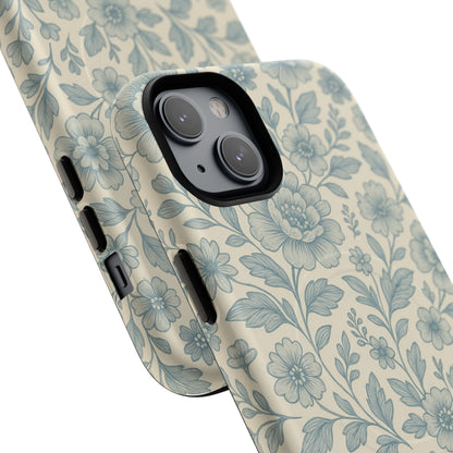 Vintage Blue Floral Tough Case for iPhone - Compatible with MagSafe