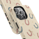 Prairie Horseshoes MagSafe Phone Case, glossy square triple-camera Pro model, camera and side-button close-up