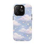 iPhone case in medium size with dreamy clouds, stars, and crescent moon design