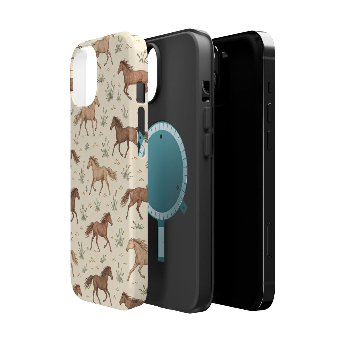 Wild Mustangs – Western Horse Pattern MagSafe Phone Case, glossy diagonal dual-camera model, exploded shell and liner with magnetic ring