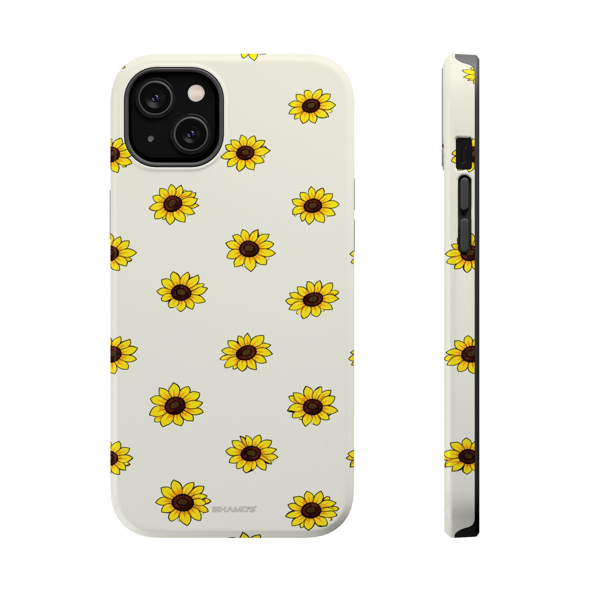 Yellow sunflower print iPhone case by Shamo's, minimalist hard shell, standard size
