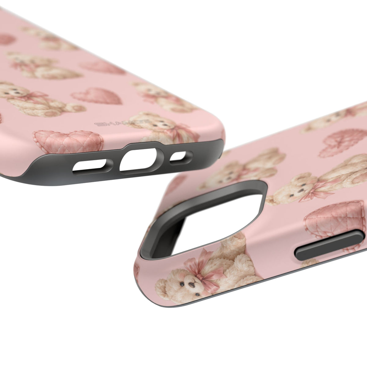 Pink Teddy Hearts Love iPhone Case, Impact-Resistant MagSafe Compatible