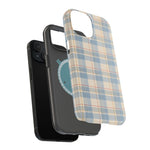 Ranch Check – Blue and Cream Plaid MagSafe Phone Case, glossy diagonal dual-camera model, exploded shell and liner with magnetic ring