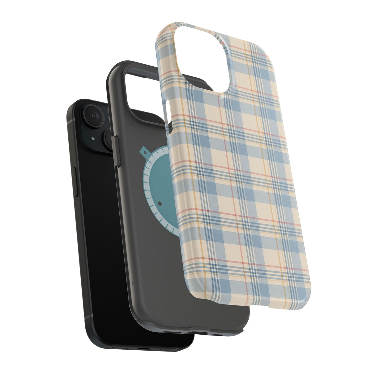 Ranch Check – Blue and Cream Plaid MagSafe Phone Case, glossy diagonal dual-camera model, exploded shell and liner with magnetic ring
