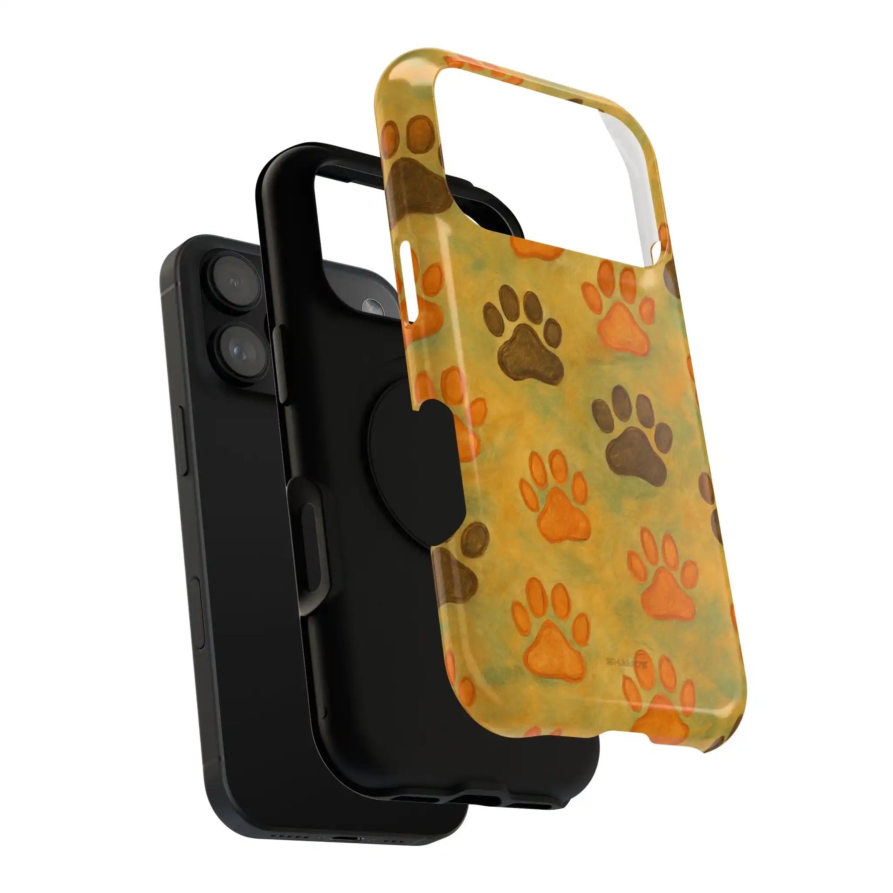 Black iPhone with protective case and yellow phone case featuring orange and brown paw prints, showing variant size