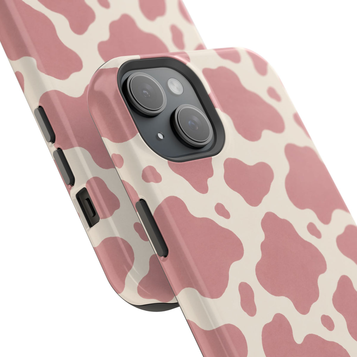 Rose Cowprint – Pink Cow Print MagSafe Phone Case, glossy diagonal dual-camera model, camera and side-button close-up