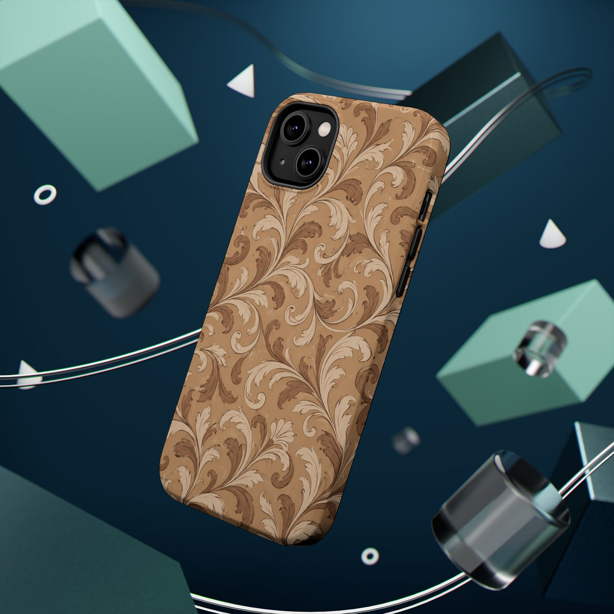 Saddle Scrolls – Tan Western Scrollwork MagSafe Phone Case, glossy diagonal dual-camera model, rear view with magnetic accessories