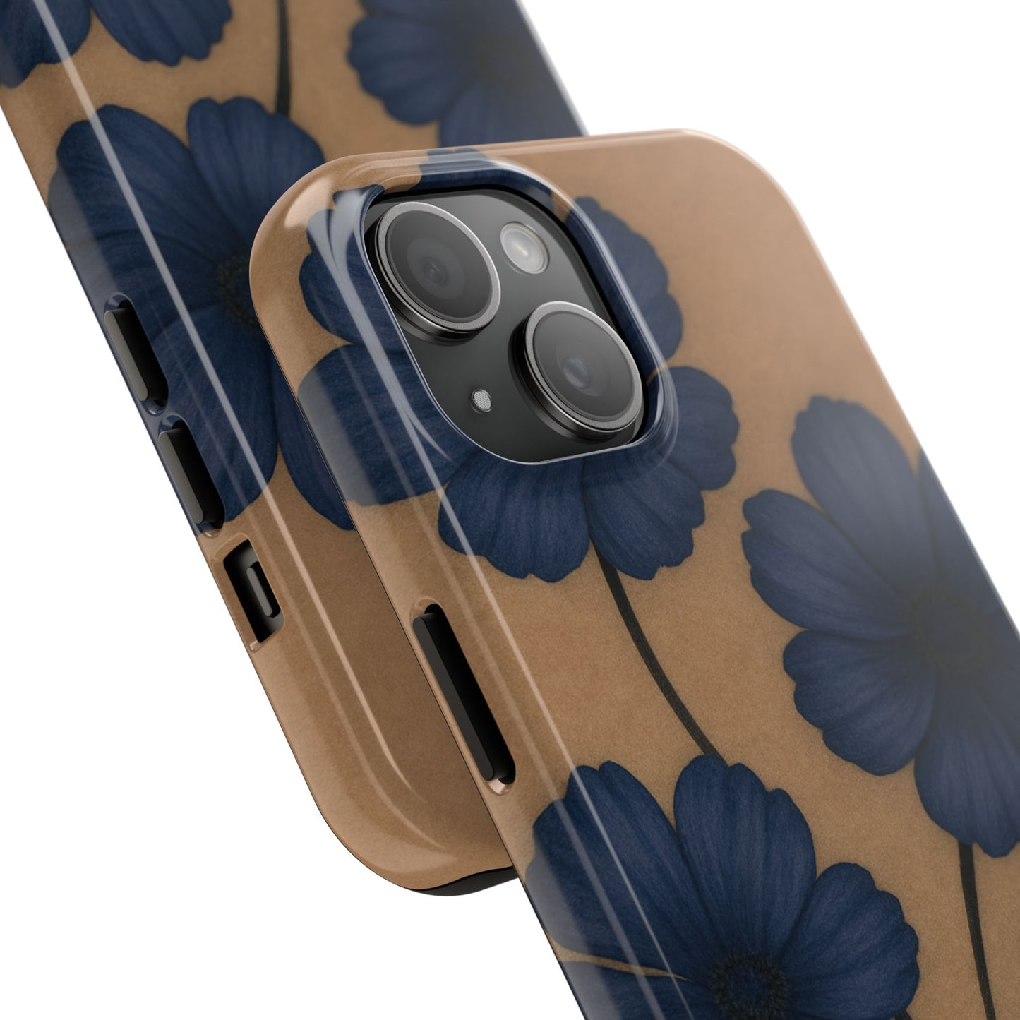 Navy Floral Tough iPhone Case — Durable Protective Case with Blue Flowers on Kraft Background