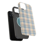 Ranch Check – Blue and Cream Plaid MagSafe Phone Case, glossy diagonal dual-camera model, exploded shell and liner with magnetic ring