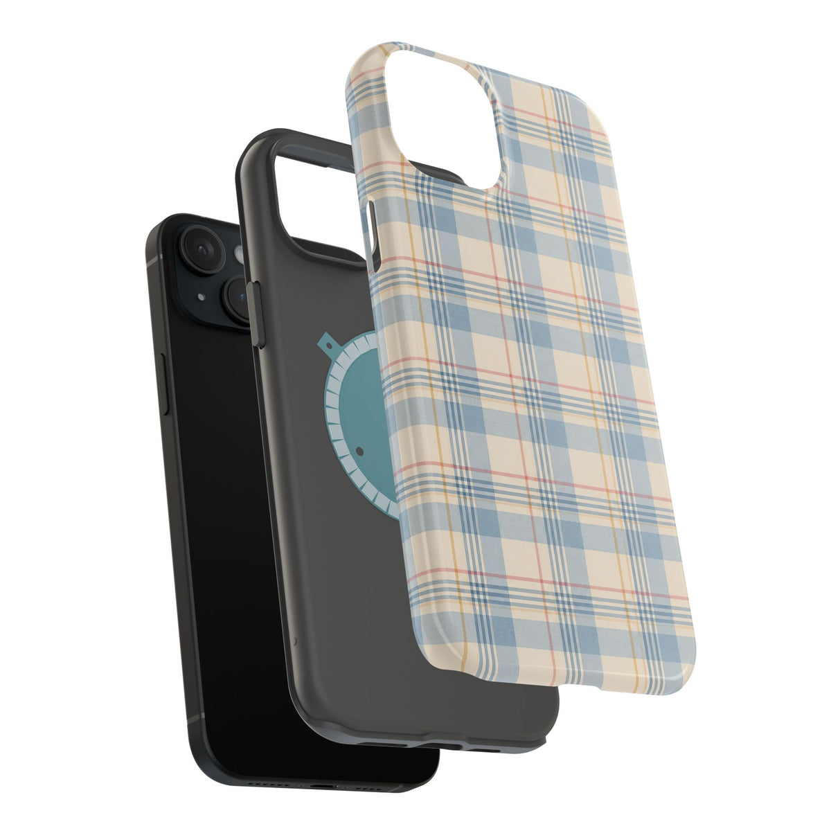 Ranch Check – Blue and Cream Plaid MagSafe Phone Case, glossy diagonal dual-camera model, exploded shell and liner with magnetic ring