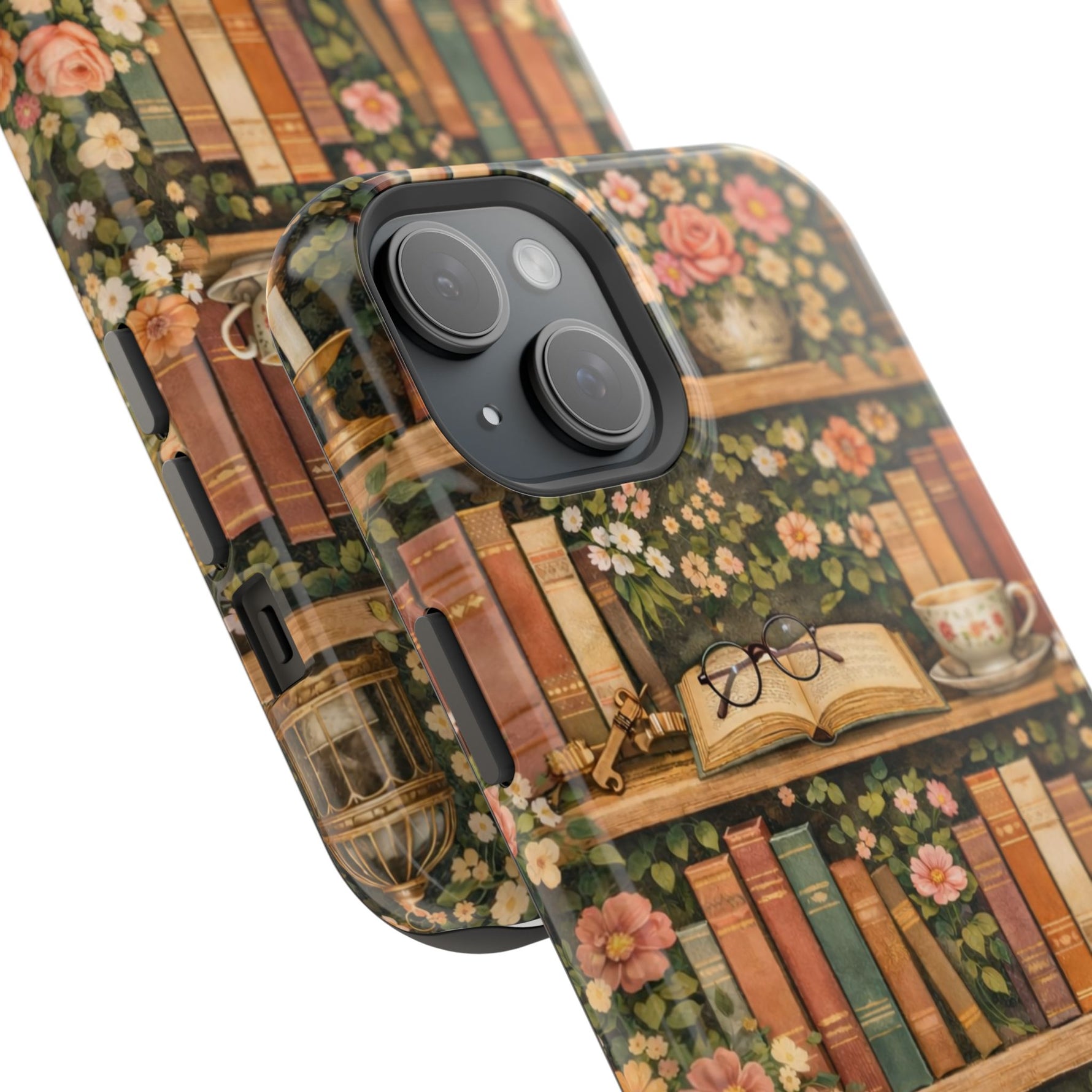 Floral Bookshelf iPhone Case — MagSafe Magnetic, Impact-Resistant