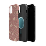 Rose Ponies MagSafe Phone Case, glossy diagonal dual-camera model, exploded shell and liner with magnetic ring