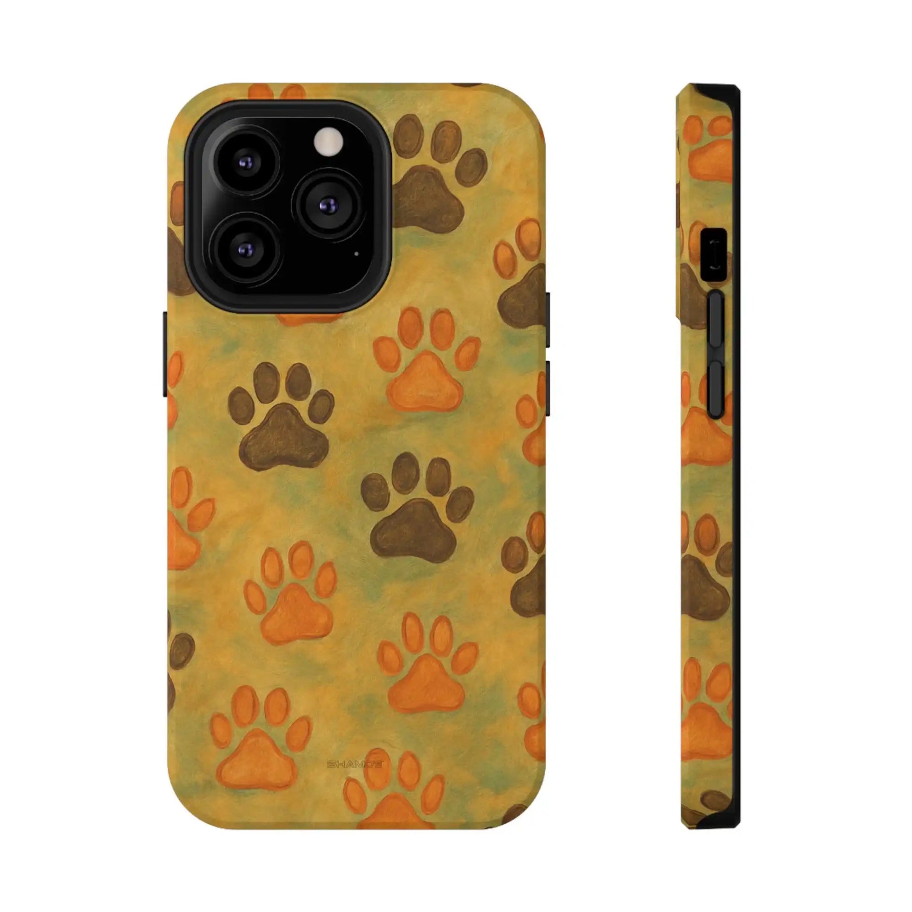 Phone case with orange and brown paw prints pattern shown from front and side views