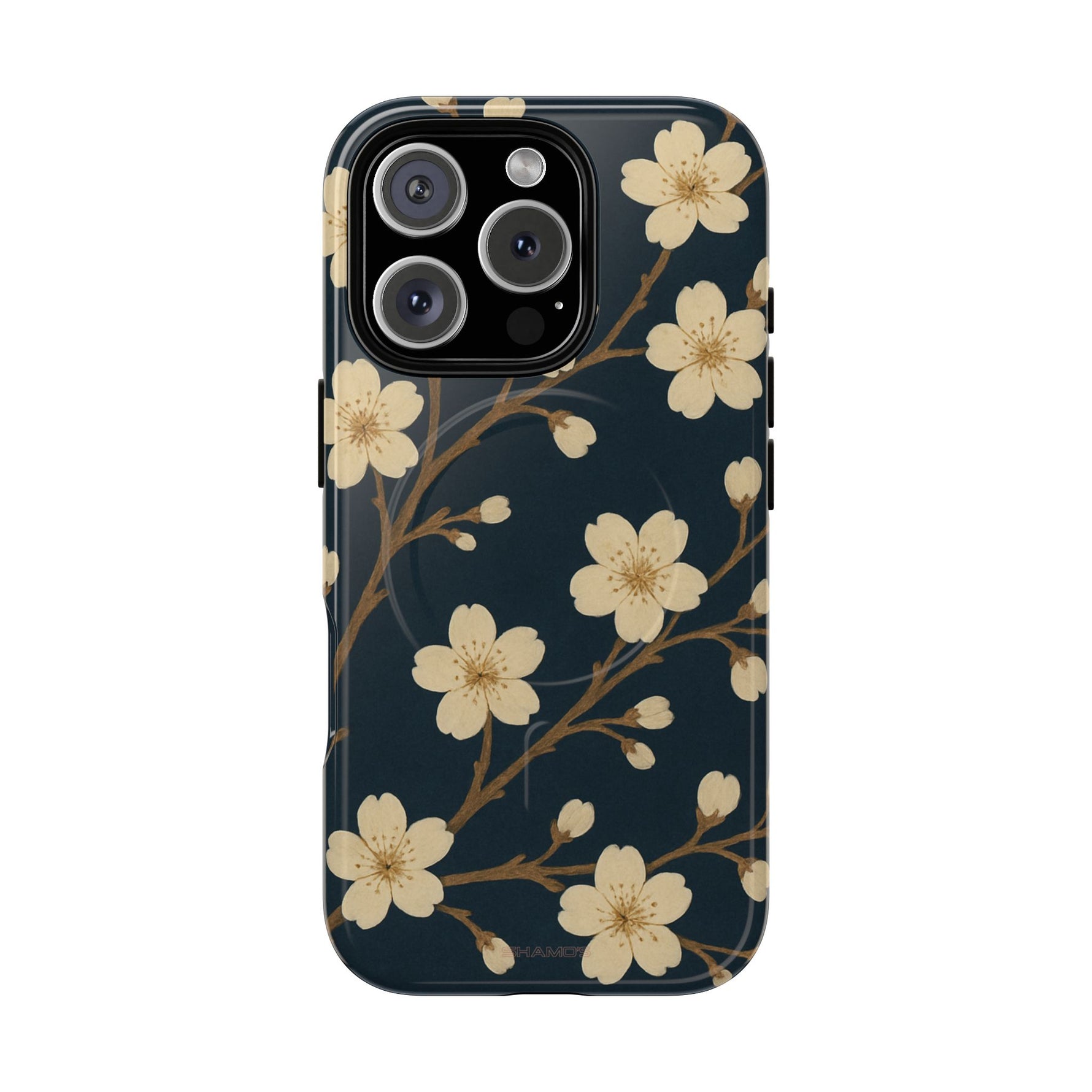 Navy Cherry Blossom Floral iPhone Case - Compatible with MagSafe