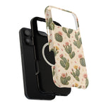 Cactus Bloom – Sage Green Floral Cactus MagSafe Phone Case, glossy wide-camera Pro Max model, exploded shell and liner with magnetic ring
