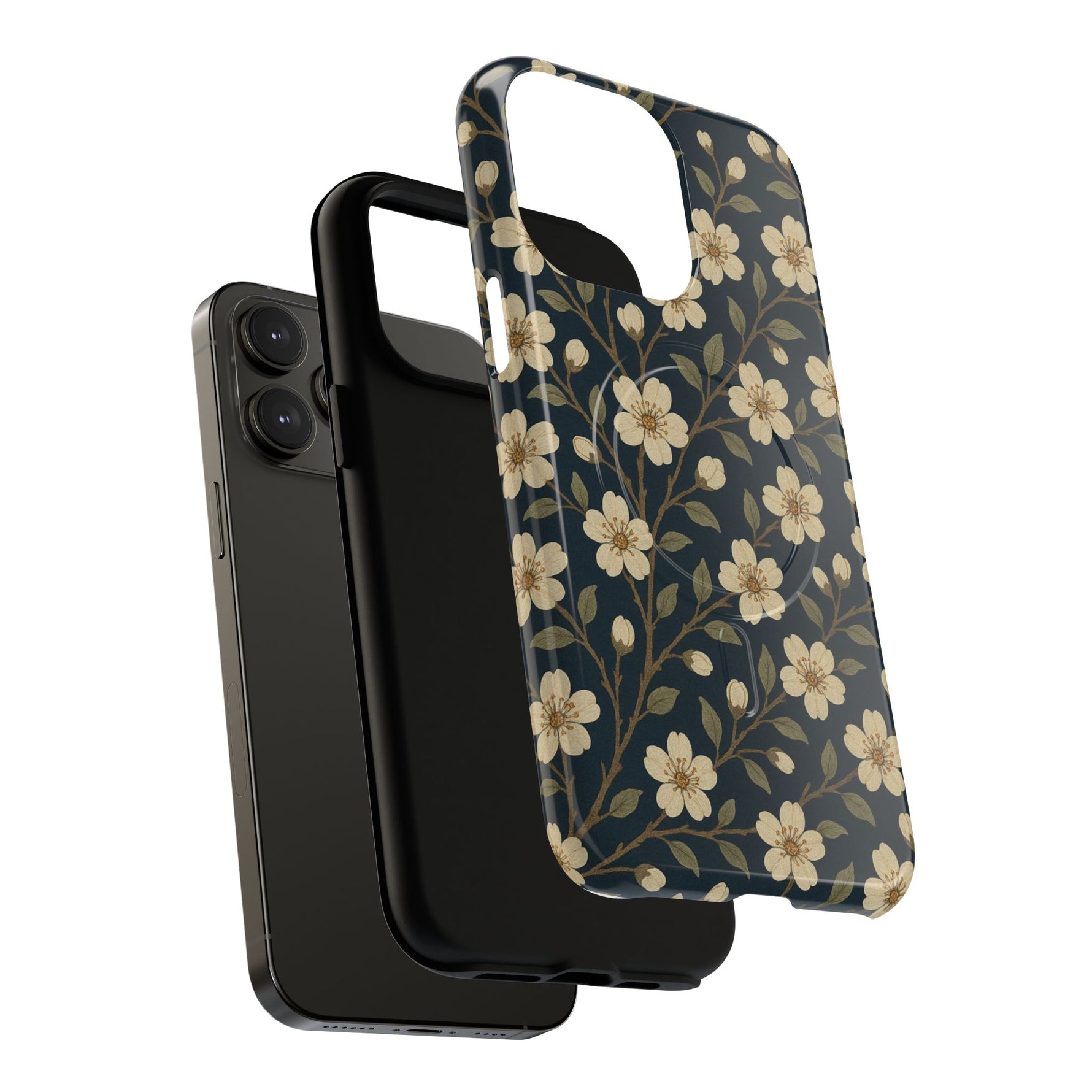 Navy Cherry Blossom Floral iPhone Case - Compatible with MagSafe - Shamo's