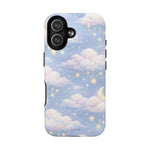 iPhone 13 mini case with dreamy clouds, crescent moon, and sparkling stars design in variant size