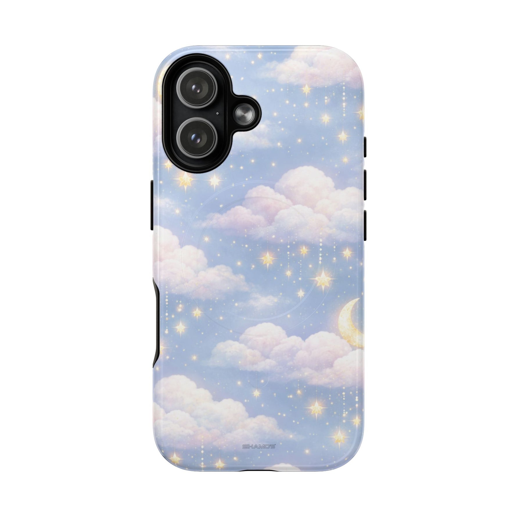 iPhone 13 mini case with dreamy clouds, crescent moon, and sparkling stars design in variant size