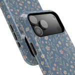 Denim Wildflowers MagSafe Phone Case, glossy wide-camera Pro model, camera and side-button close-up