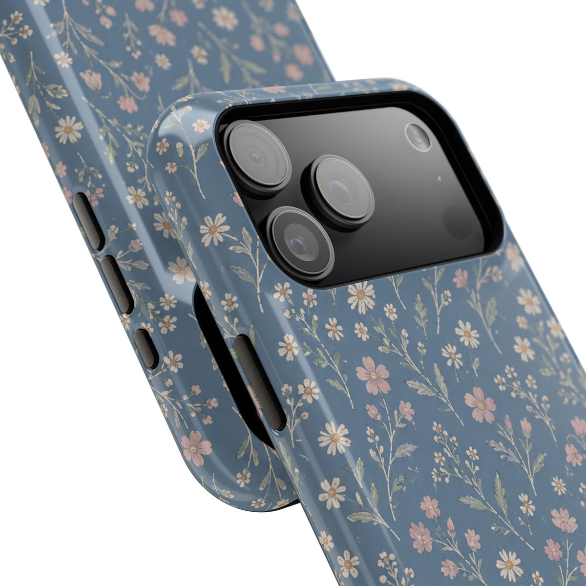 Denim Wildflowers MagSafe Phone Case, glossy wide-camera Pro model, camera and side-button close-up