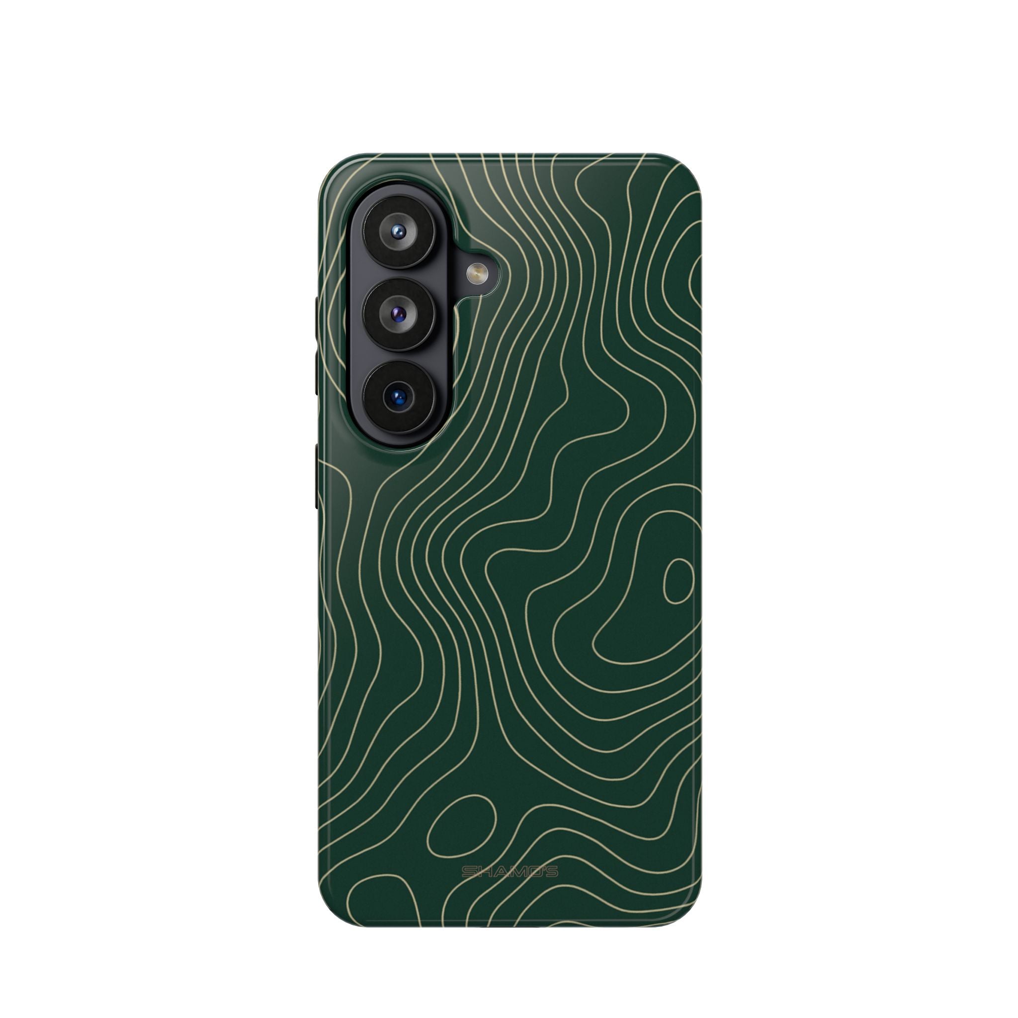 Dark green phone case with fine pale green topographic contour lines