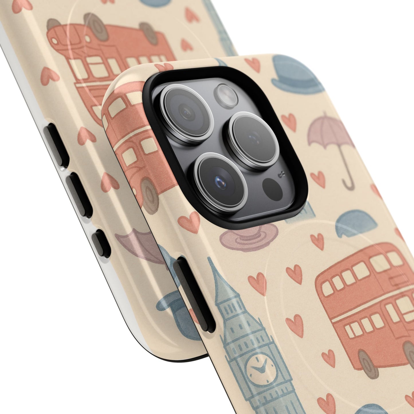 London Icons Hand-Drawn iPhone Case — Cute Double-Decker Bus & Big Ben Pattern with MagSafe compatibility