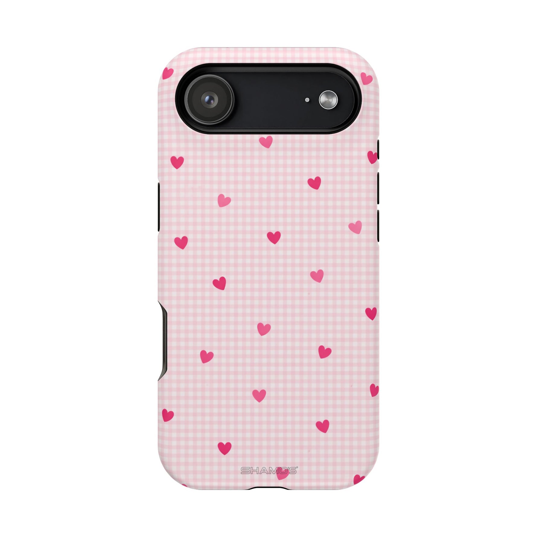 Pink Heart Gingham MagSafe iPhone Case, Impact‑Resistant, Magnetic Protection
