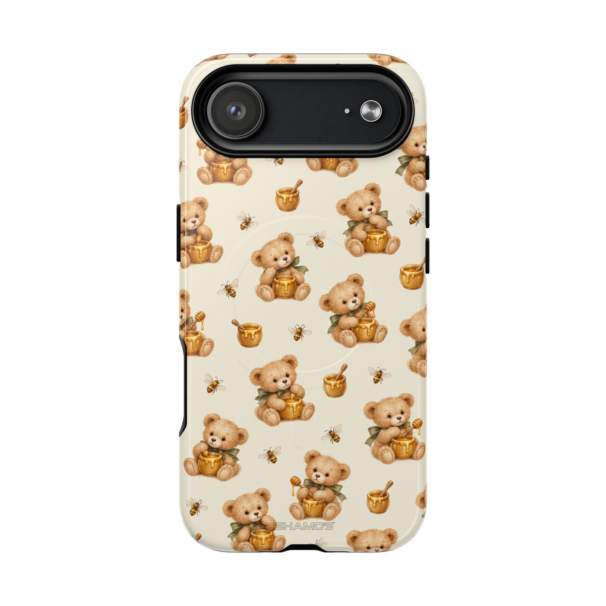 Honingknuffelbeer iPhone-hoesje — ontwerp met gele bij en honingpot met MagSafe
