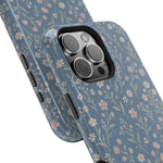 Denim Wildflowers MagSafe Phone Case, glossy square triple-camera Pro model, camera and side-button close-up