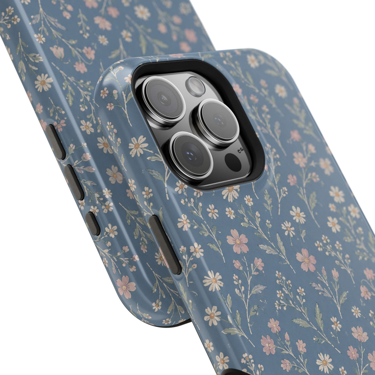 Denim Wildflowers MagSafe Phone Case, glossy square triple-camera Pro model, camera and side-button close-up