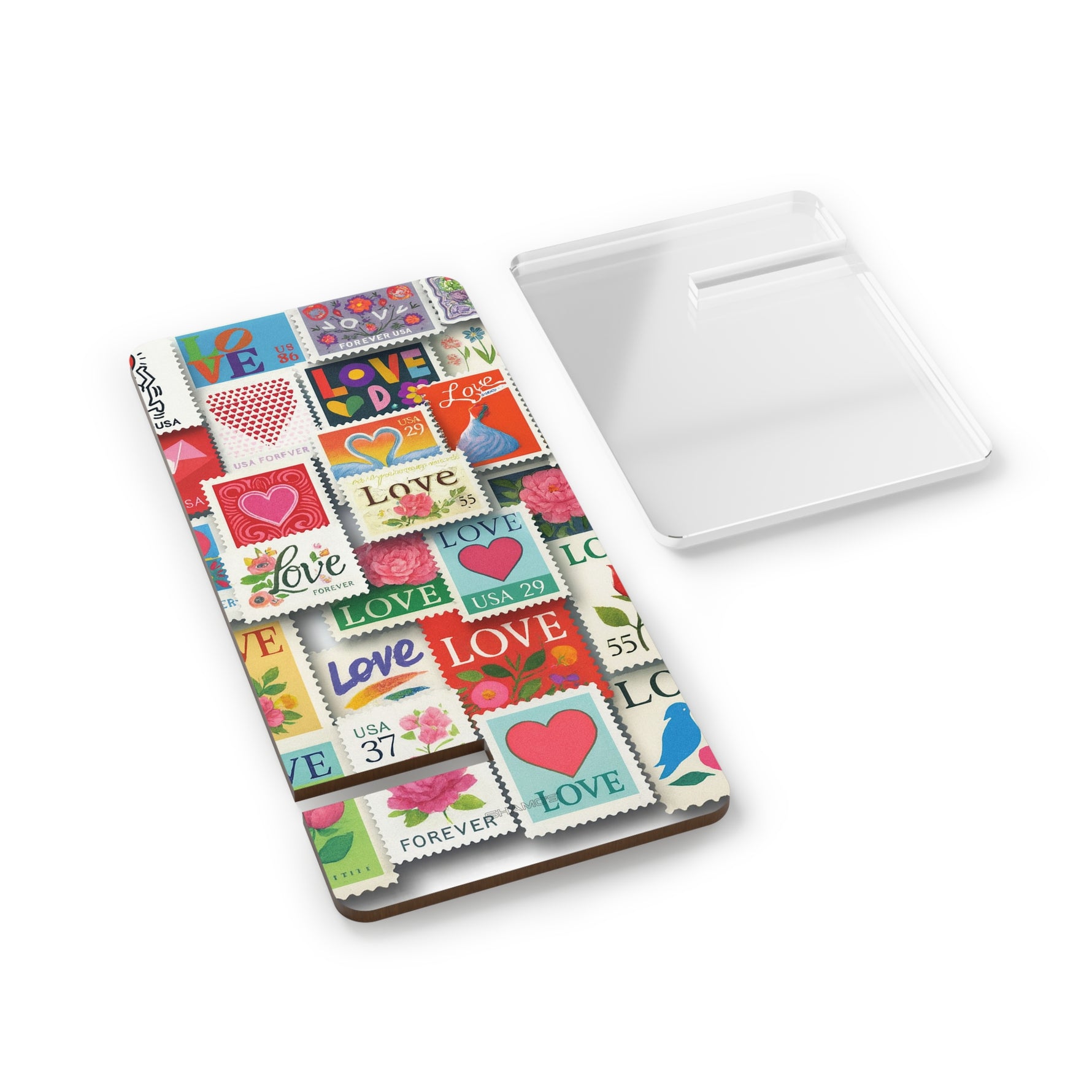 Phone Stand — Colorful 'Love' Stamp Collage Mobile Display Stand