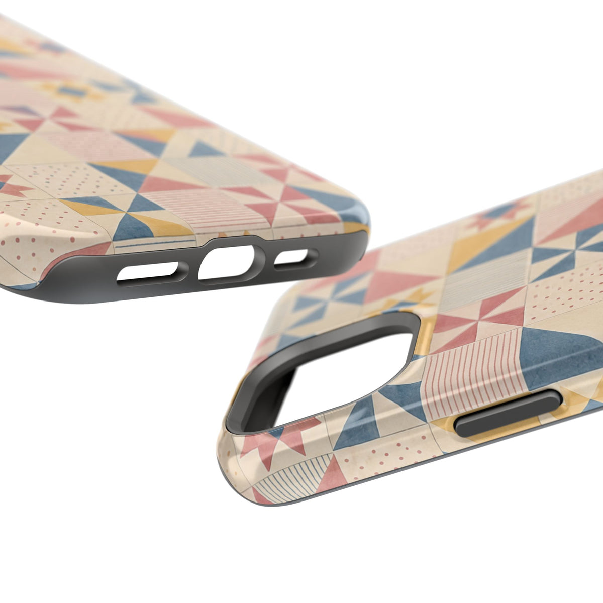 Prairie Quilt – Pastel Patchwork Pattern MagSafe Phone Case, glossy diagonal dual-camera model, port openings and edge details