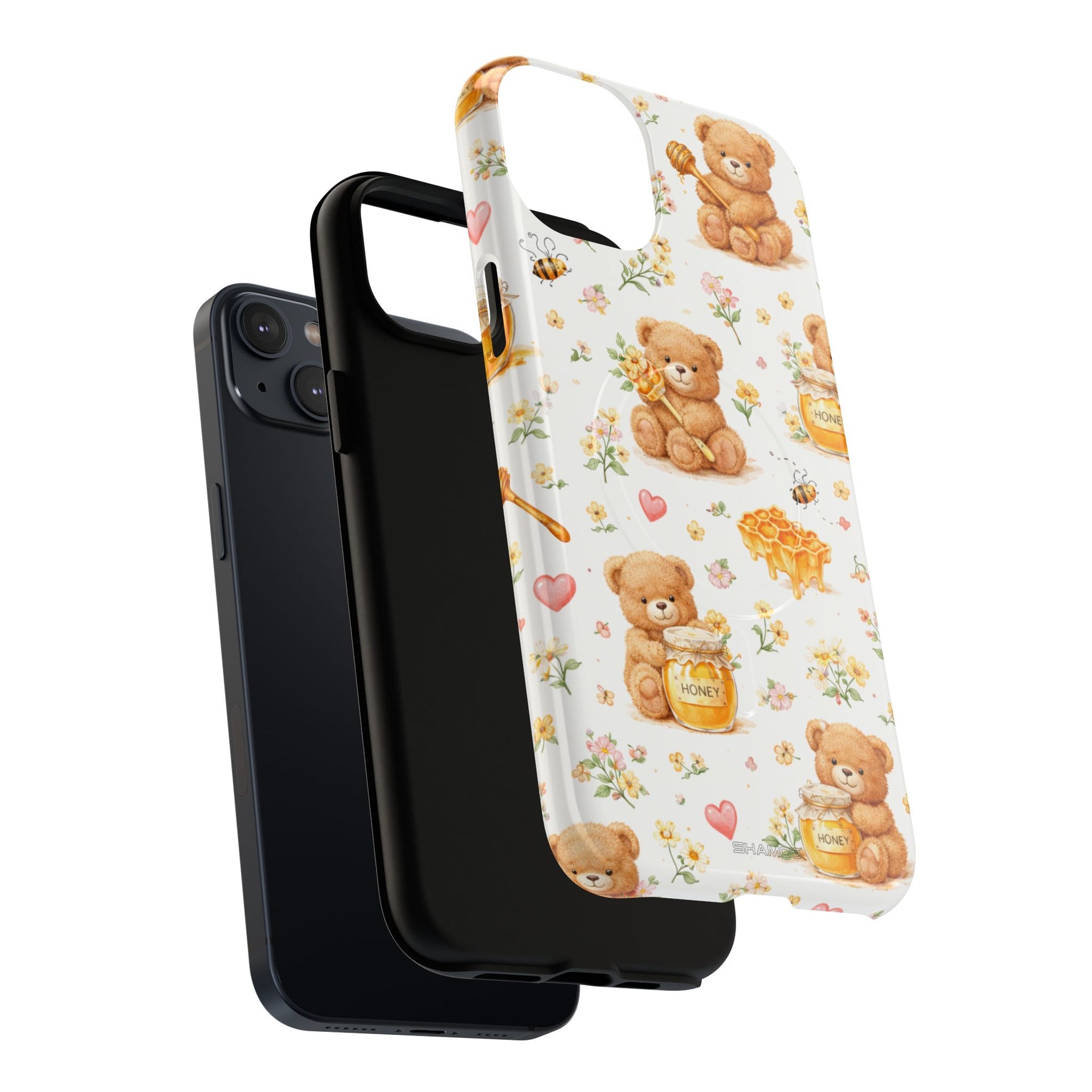 Honey Teddy Bear iPhone Case — Yellow Bee & Honey Pot Design with MagSafe