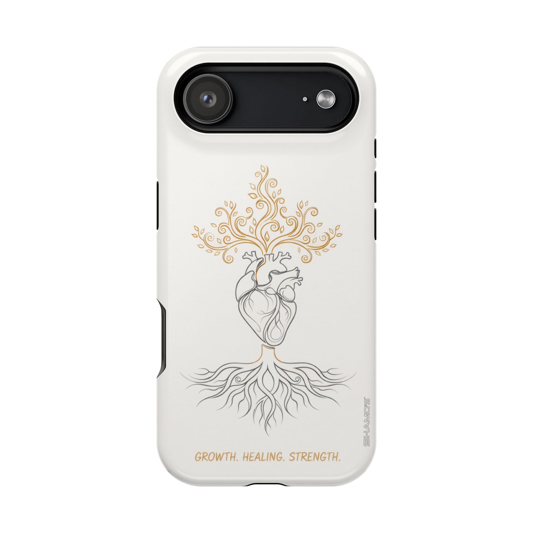 Minimalist Impact-Resistant iPhone Case, Heart Root Illustration ("Growth. Healing. Strength.") MagSafe Compatible - iPhone 17 Air / Glossy - Shamo's