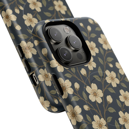 Navy Cherry Blossom Floral iPhone Case - Compatible with MagSafe