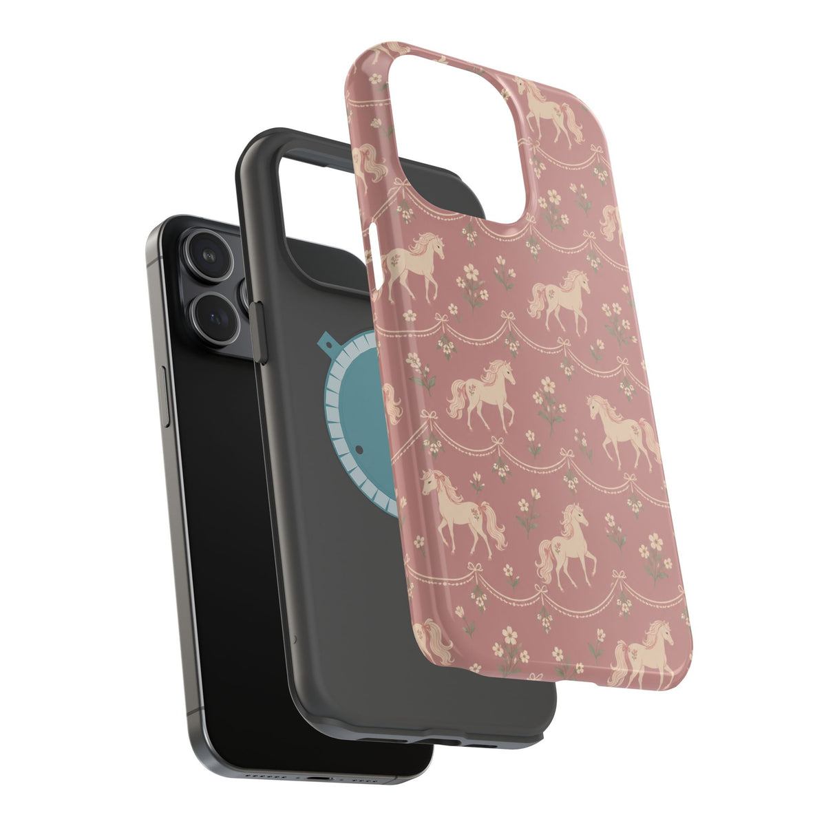 Rose Ponies MagSafe Phone Case, glossy square triple-camera Pro model, exploded shell and liner with magnetic ring