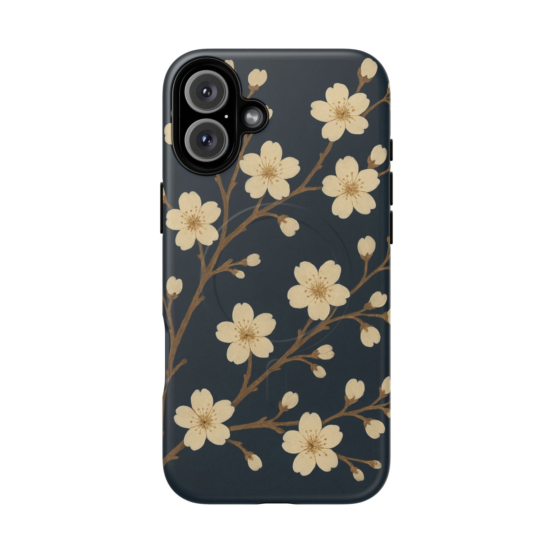 Navy Cherry Blossom Floral iPhone Case - Compatible with MagSafe - Shamo's