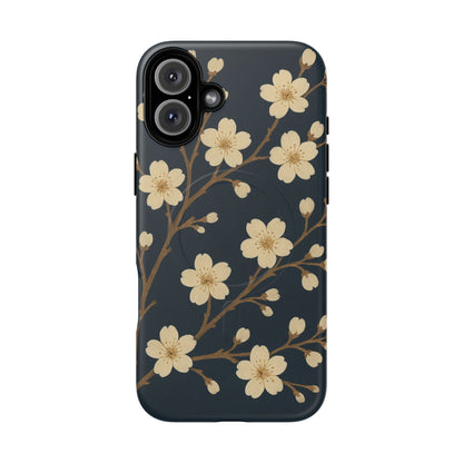 Navy Cherry Blossom Floral iPhone Case - Compatible with MagSafe