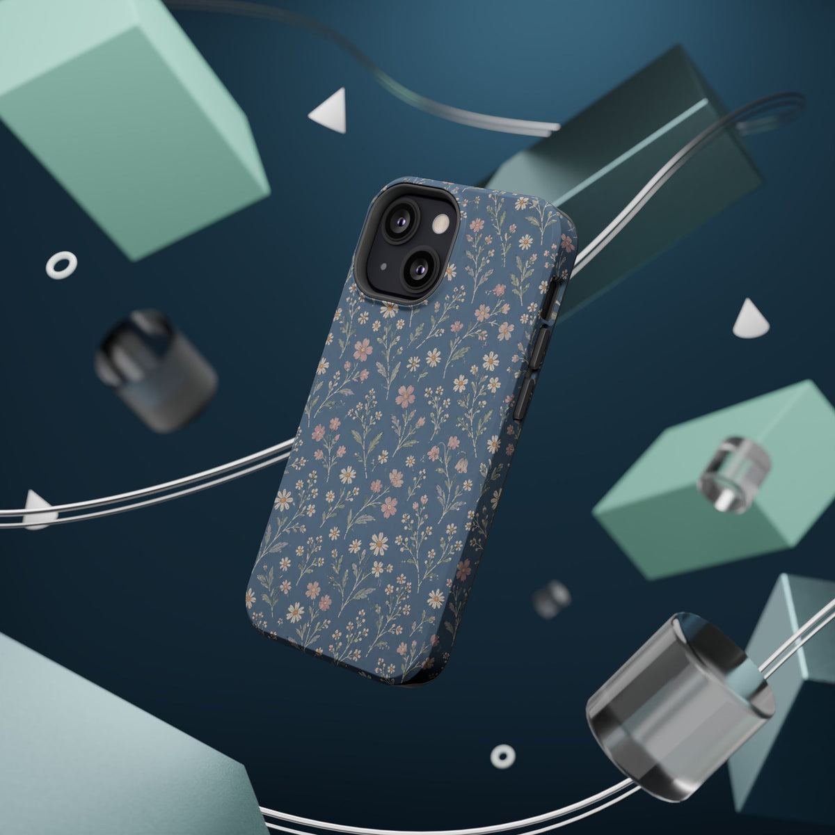 Denim Wildflowers MagSafe Phone Case, glossy diagonal dual-camera model, rear view with magnetic accessories